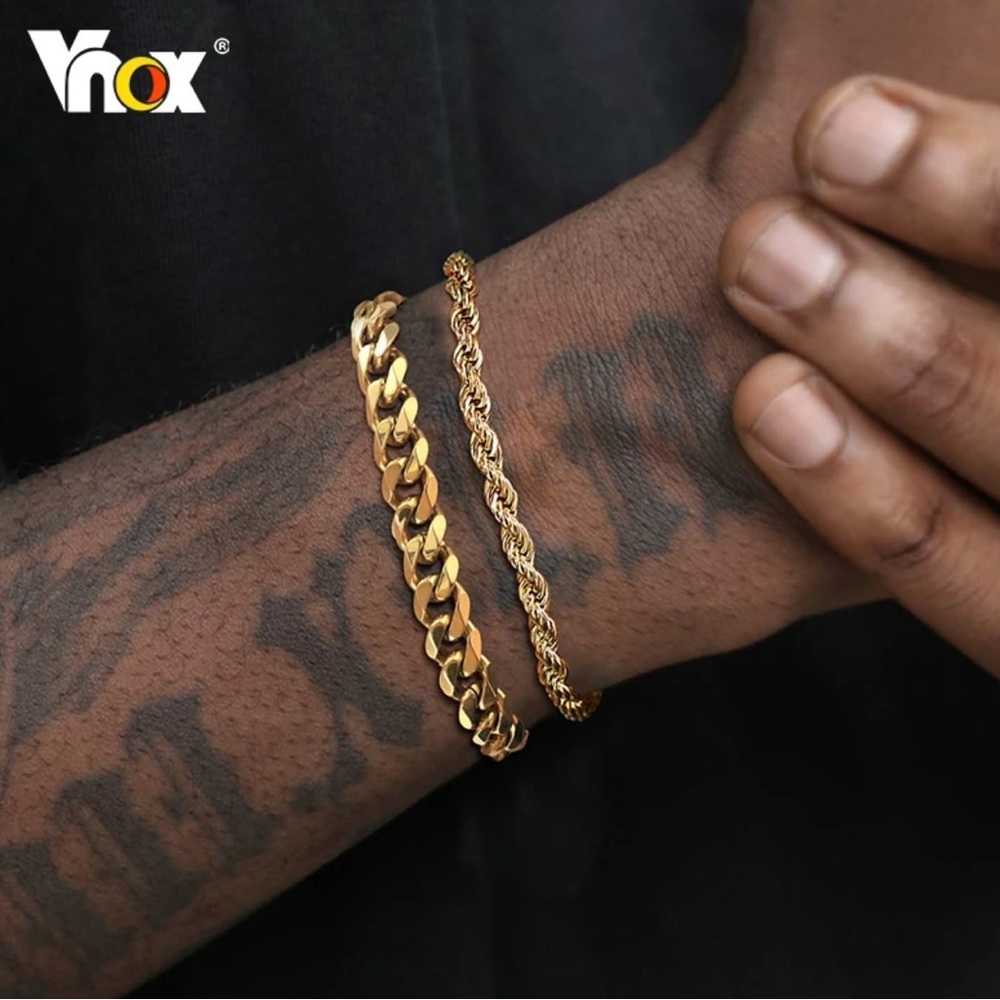 Men's Cuban and Twist Rope Chain Bracelets  Set, Gold Color Stainless Steel
